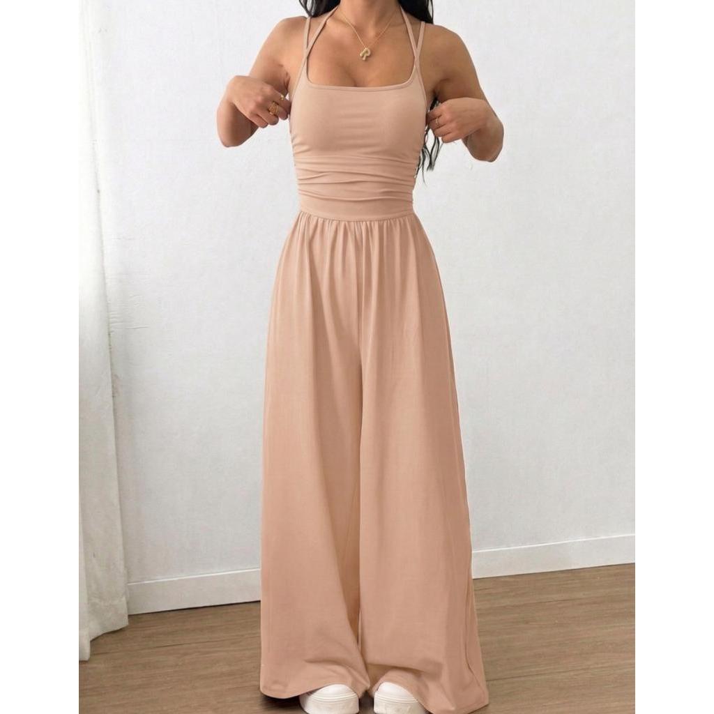 Macacão Casual Feminino Alça Dupla Modelagem Pantalona Soltinho Perna Longa Elegante