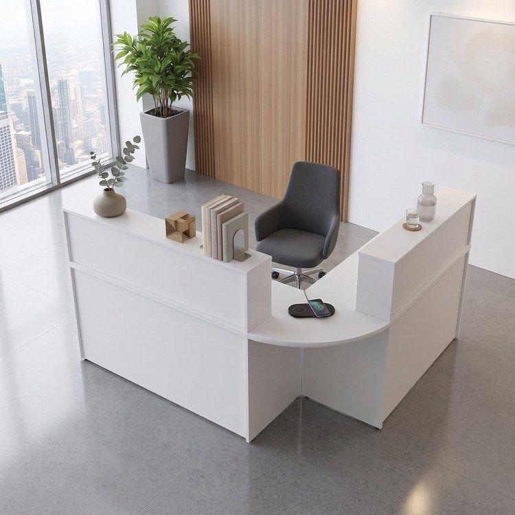 Balcão Atendimento de Canto em L Recepção Consultório 200x200cm Branco Branco