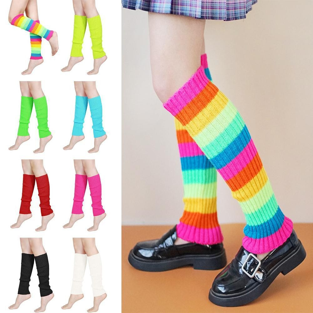 Aquecedor de pernas da Lolita, ideal para fantasias de Halloween, com design estilo Harajuku e listras fluorescent