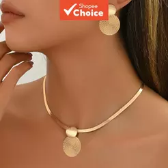 Conjunto elegante de colar e brincos feminino dourado em camadas com pingente geométrico espiral