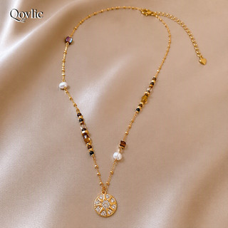 Qovlic Colar Feminino Pingente Estrela 8 Pontas, Zircônia, Olho de Tigre, Pérola Barroca, Cobre Dourado, 45+7cm
