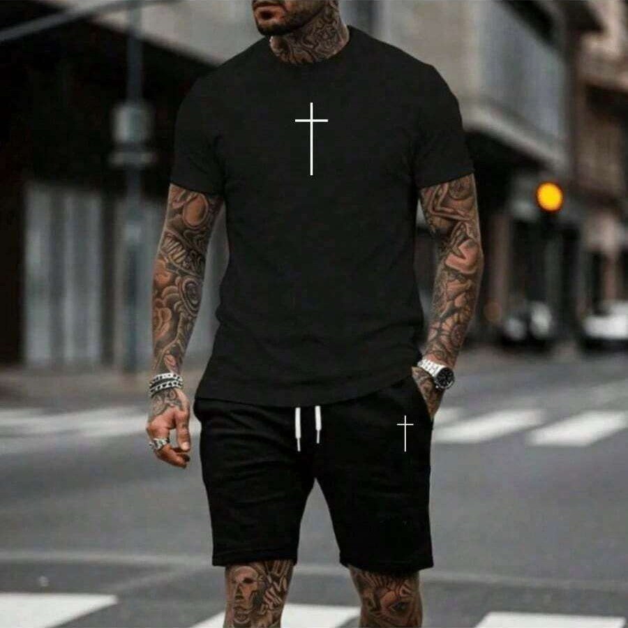 Conjunto Masculino Cruz Jesus Kit Masculino Camiseta 100% Algodão e Bermuda Moletom Moda Homem Streetwear Lançamento