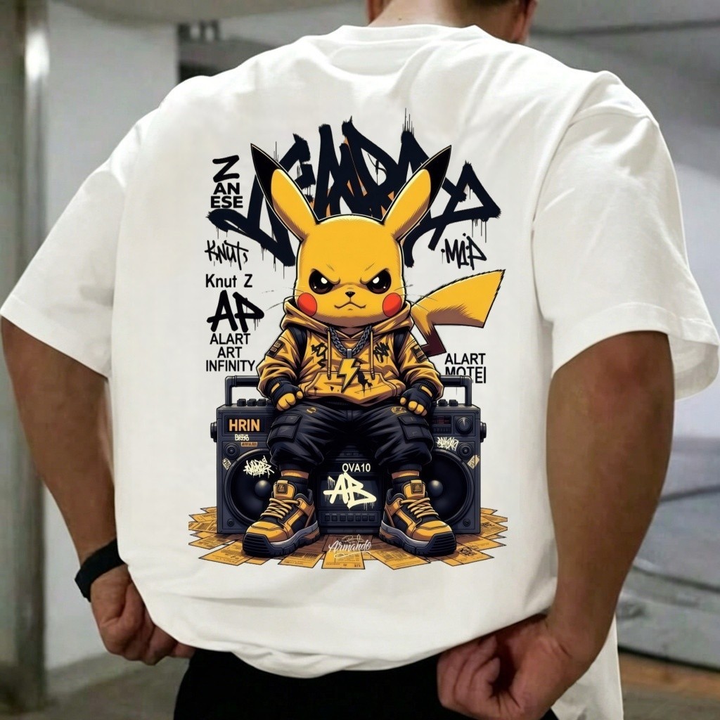 Camisetas Plus Size de Algodão Puro de Alta Qualidade Unissex, Modelo Oversize Com Estampa Pikachu Anime Grafite,