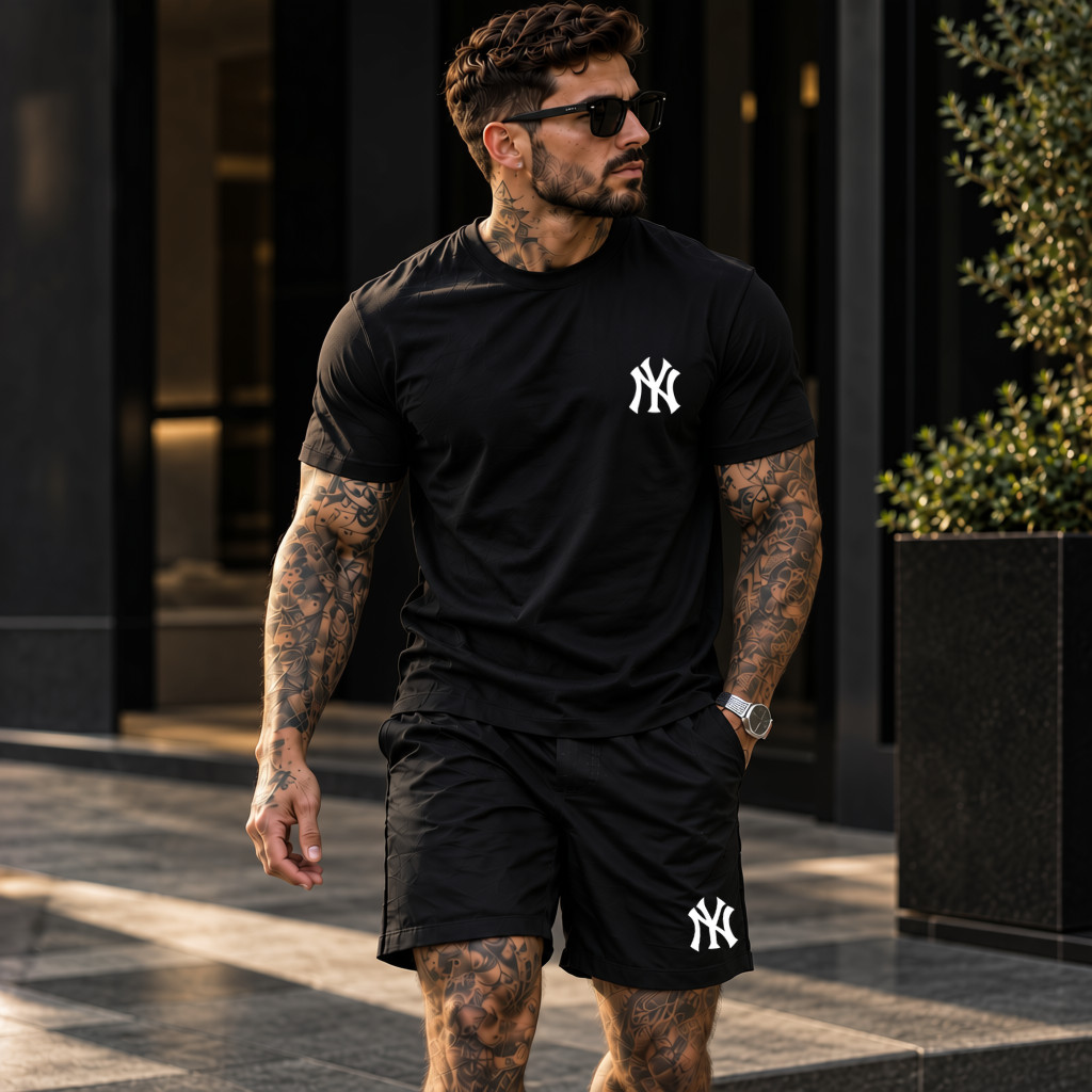 Conjunto Masculino Camiseta + Short Tactel Estampado NY Streetwear Premium Casual Verão Várias Cores Masculino