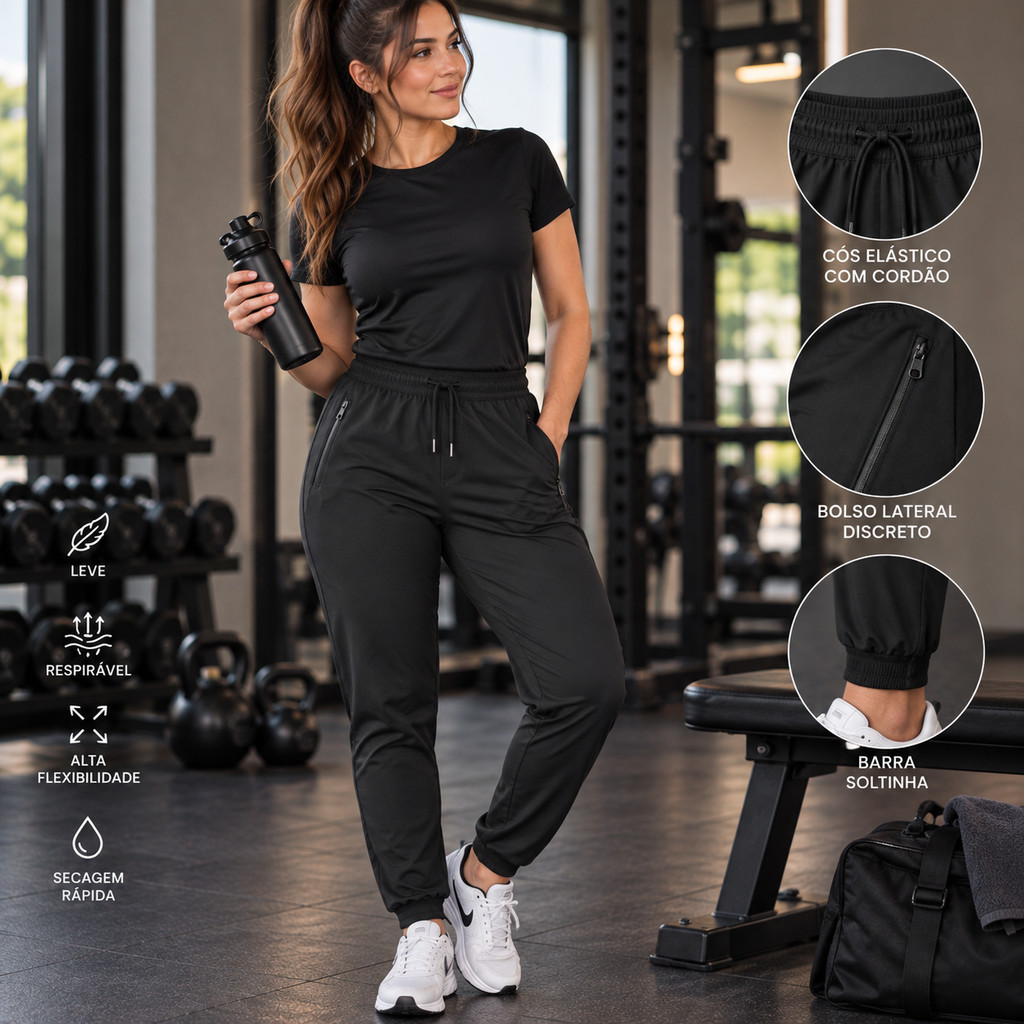 Calça Jogger Preta Feminina Dry Fit Esportiva Academia Leve Treino Dia a Dia Escola Passeio