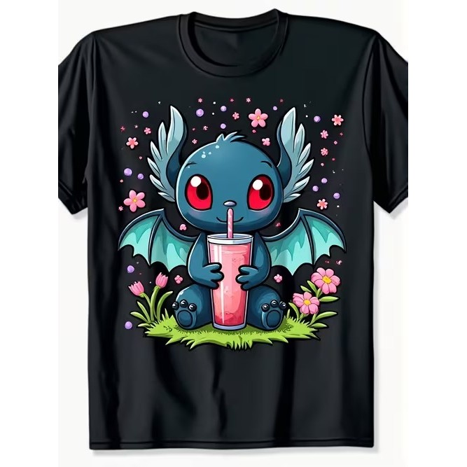 Camiseta Manga Curta Estampada Personagem Fofa Bebendo Suco com Flores confortável linda moderna divertida estilosa