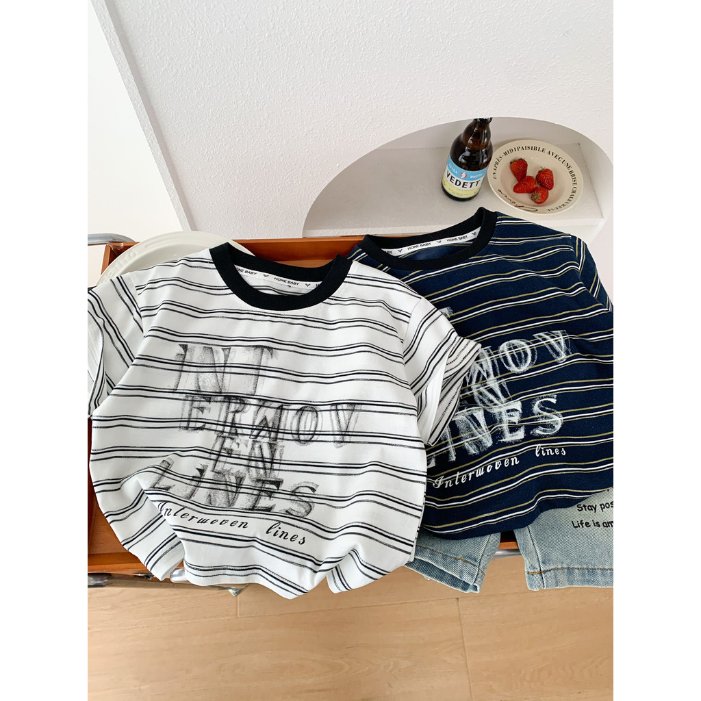 Meninos listrado camiseta de manga curta 2026 novo estilo verão crianças estilo fino solto em torno do pescoço carta mei
