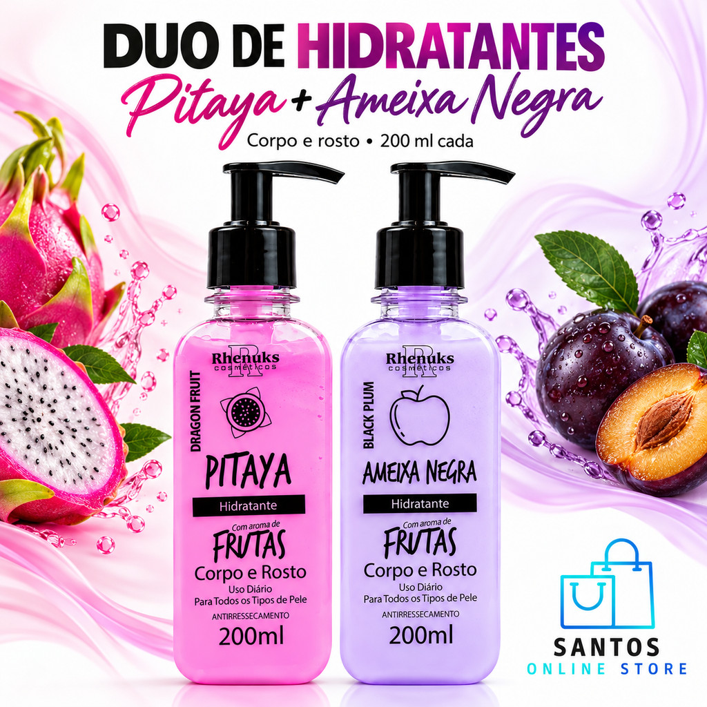Kit 2 Creme Hidratante Facial e Corporal Frutas Rhenuks 200ml – Pitaya e Ameixa Negra Pele Macia