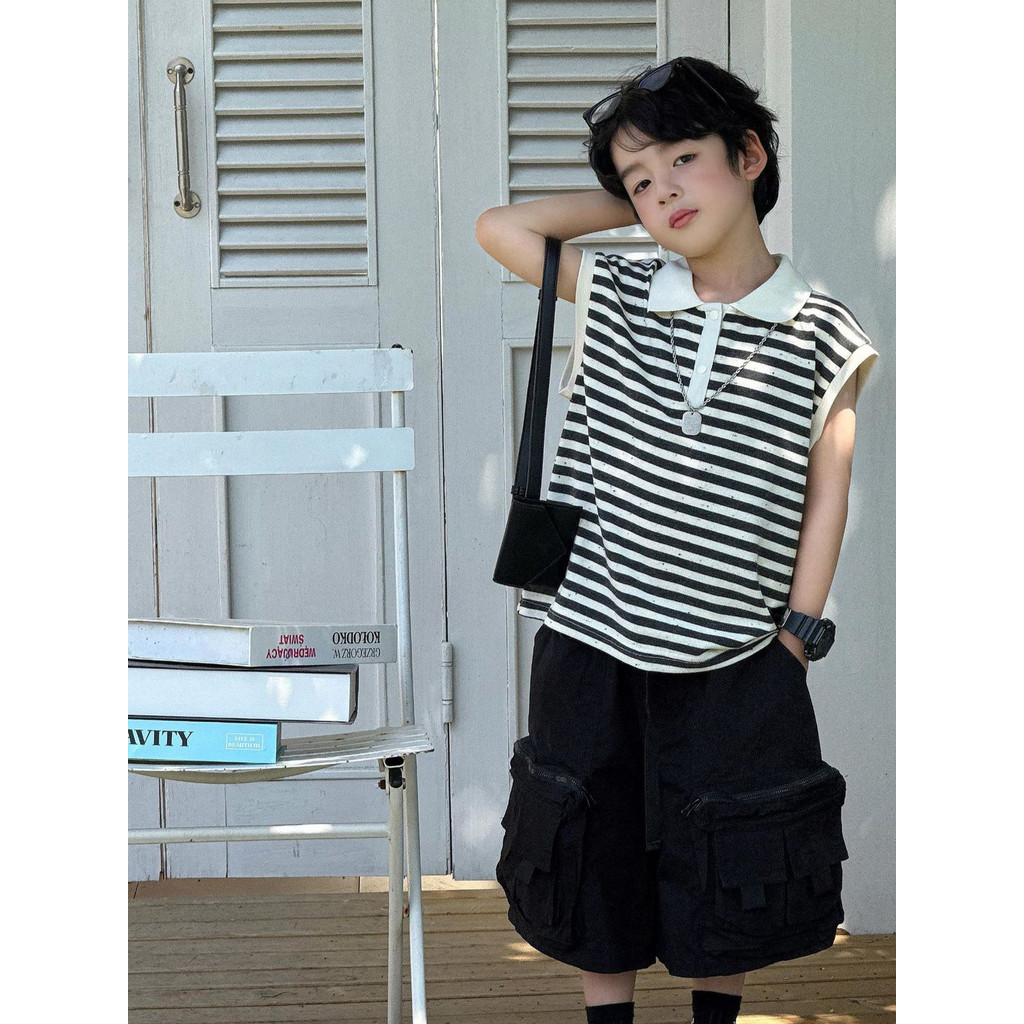 Aparência mãe casa 2026 verão crianças versão coreana moda polo sem mangas camiseta meninos Casual listrado sem mangas t