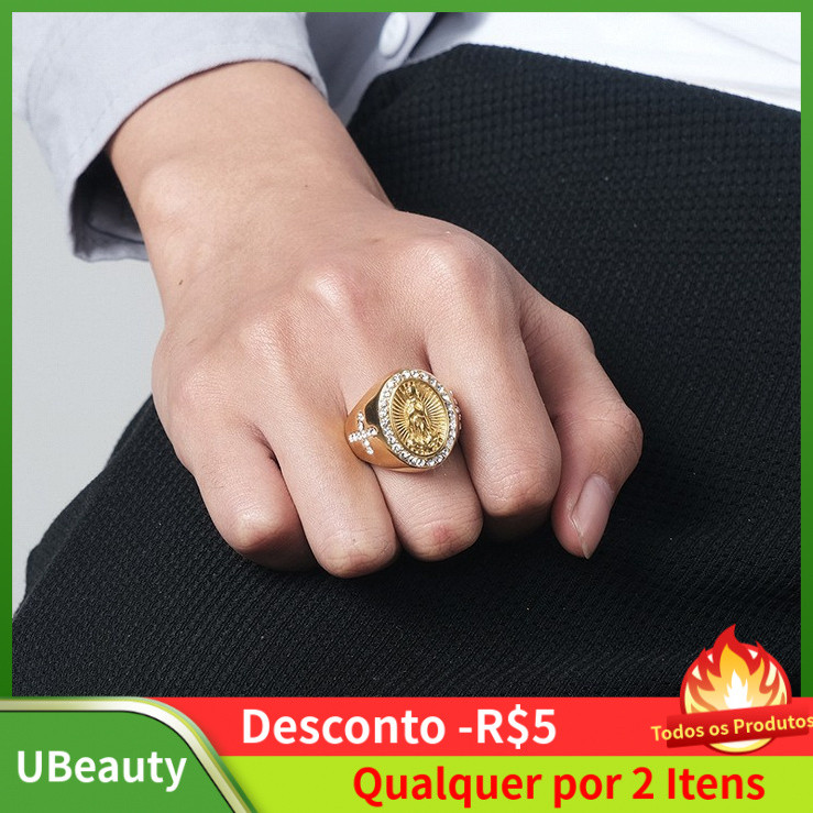 Anel com a imagem da Virgem Maria para homens, anel com cruz, anel masculino em aço inoxidável cravejado de diamantes, a