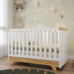 Berço Mini Cama 100% MDF Retrô Branco Brilho/Amêndoa