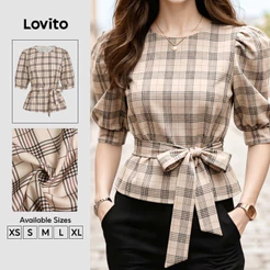 Lovito Blusa Elegante Xadrez De Manga Curta E Gola Redonda Para Trabalho Feminina Primaveraverão BLB202P2D703