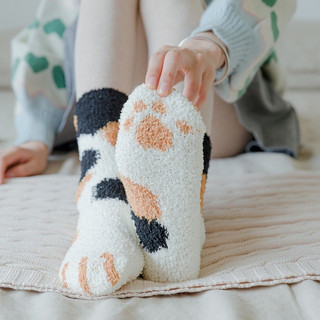 Meias Pantufas Femininas Fofas e Quentes com Estampa de Pata de Gato, Meias de Dormir de Microfibra Macia
