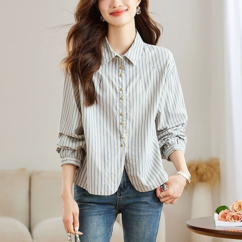 Camisa de moda listrada camisa feminina de manga comprida 2025 primavera outono elegante topo versão coreana solta Casua