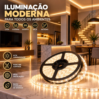 Fita LED 3528 Branco Frio 6500K 5 Metros 12V IP20 Iluminação Decorativa para Sanca Gesso Espelho Móveis e Prateleiras