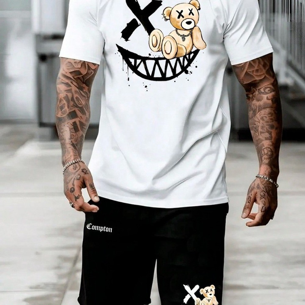 Conjunto Masculino Urso Compton Camiseta Streetwear Masculina, Bermuda Moletom Estampada Kit