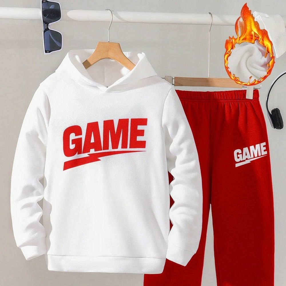 Conjunto de Moletom com Capuz e Calça de Moletom Esportiva Casual com Estampa de  escrita GAME Outono/Inverno lançamento