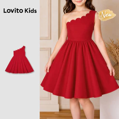 (New Arrival) Lovito Kids Vestido Vermelho Casual Elegante Para Menina Assimétrico Evasê E Até O Joelho Para Primavera Verão Feriado Do Ano Novo Chinês E Fim De Semana DRB210BK033