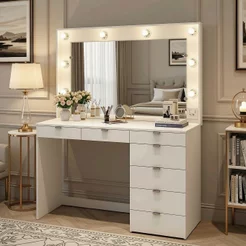 Penteadeira Camarim com Espelho 7 Gavetas e Tomada Diamante Yescasa Branco Branco