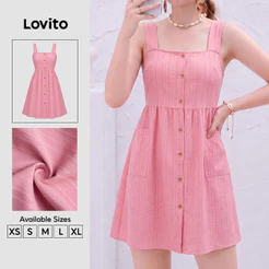 Lovito Vestido Casual com Bolso e Botão Plissado Primavera/verão Rosa para Mulheres DRK9P1D281