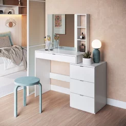 Penteadeira Camarim com Espelho 4 Gavetas 3 Nichos Branco Branco