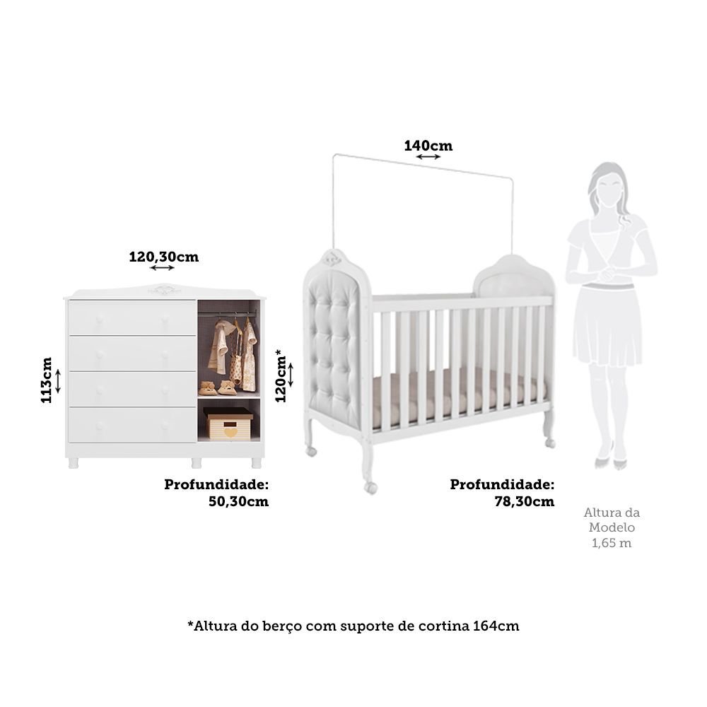 Quarto de Bebê com Cômoda 1 Porta 4 Gavetas e Berço Capitonê 100% MDF Maya Clássico Espresso Móveis Branco/Brilho · foto 2