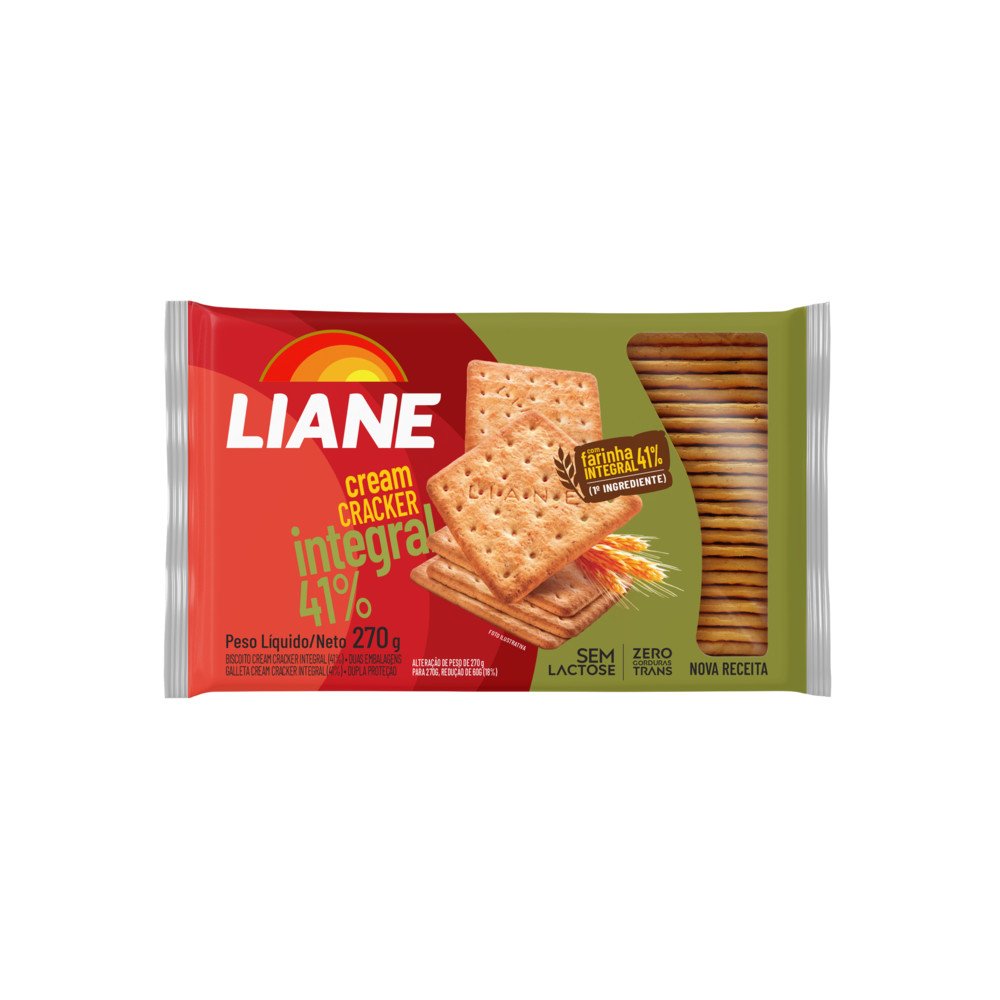 Biscoito Cream Cracker Integral Liane 270g Zero Lactose | Sem Leite | Vegano | 41% Farinha Integral
