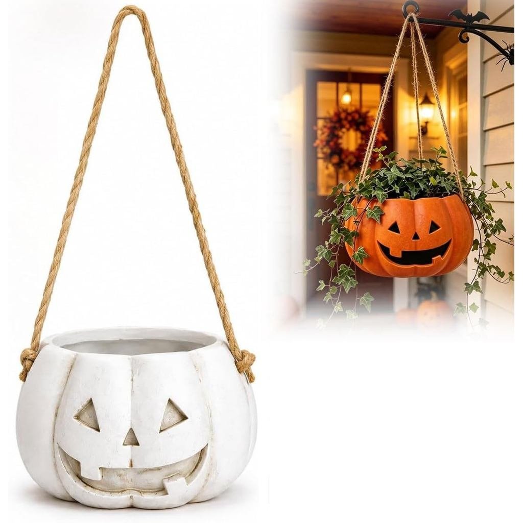Vaso de abóbora para pendurar no Halloween, vaso de abóbora para plantas com suporte para pendurar, vaso de plantas em f