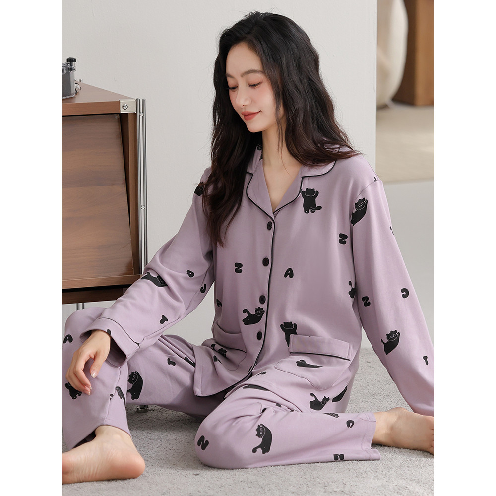 Fenteng Ke'an pijamas femininos outono puro algodão manga comprida primavera outono estilo algodão outono inverno Plus S