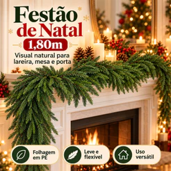 Guirlanda Festão de Natal 1,80m Verde Artificial Pinheiro Norfolk Decoração para Porta Mesa Lareira e Outros Ambientes