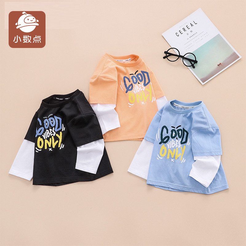 Pequenos pontos meninos camiseta de manga comprida crianças falso 2 peças topo primavera outono novo estilo uniforme de 