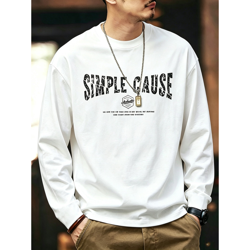 Americano Retro de manga comprida camiseta masculina de algodão pesado camisa de fundo na moda carta solta impressa prim