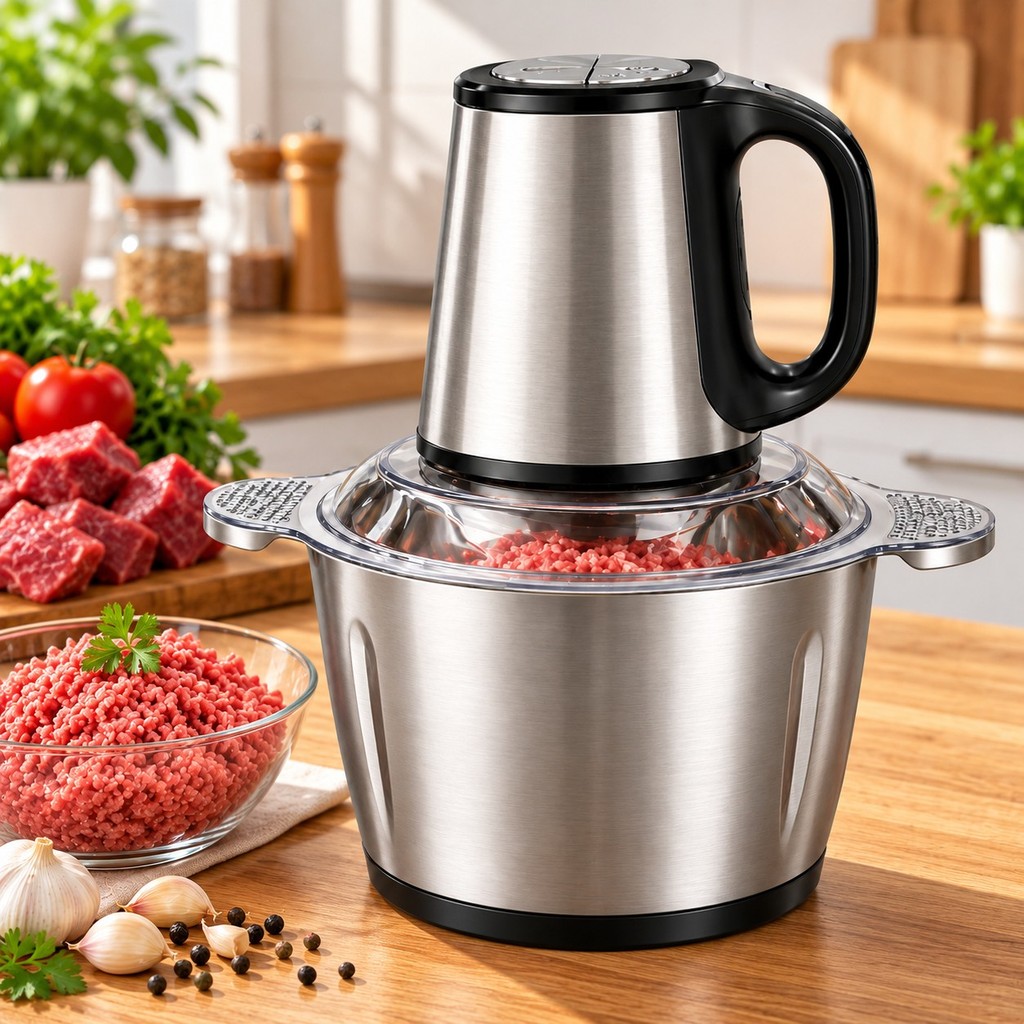 Moedor Triturador Processador Elétrico 2L/3L Multifuncional Seguro 110V/220V Alimentos Carnes Legumes Aço Inox