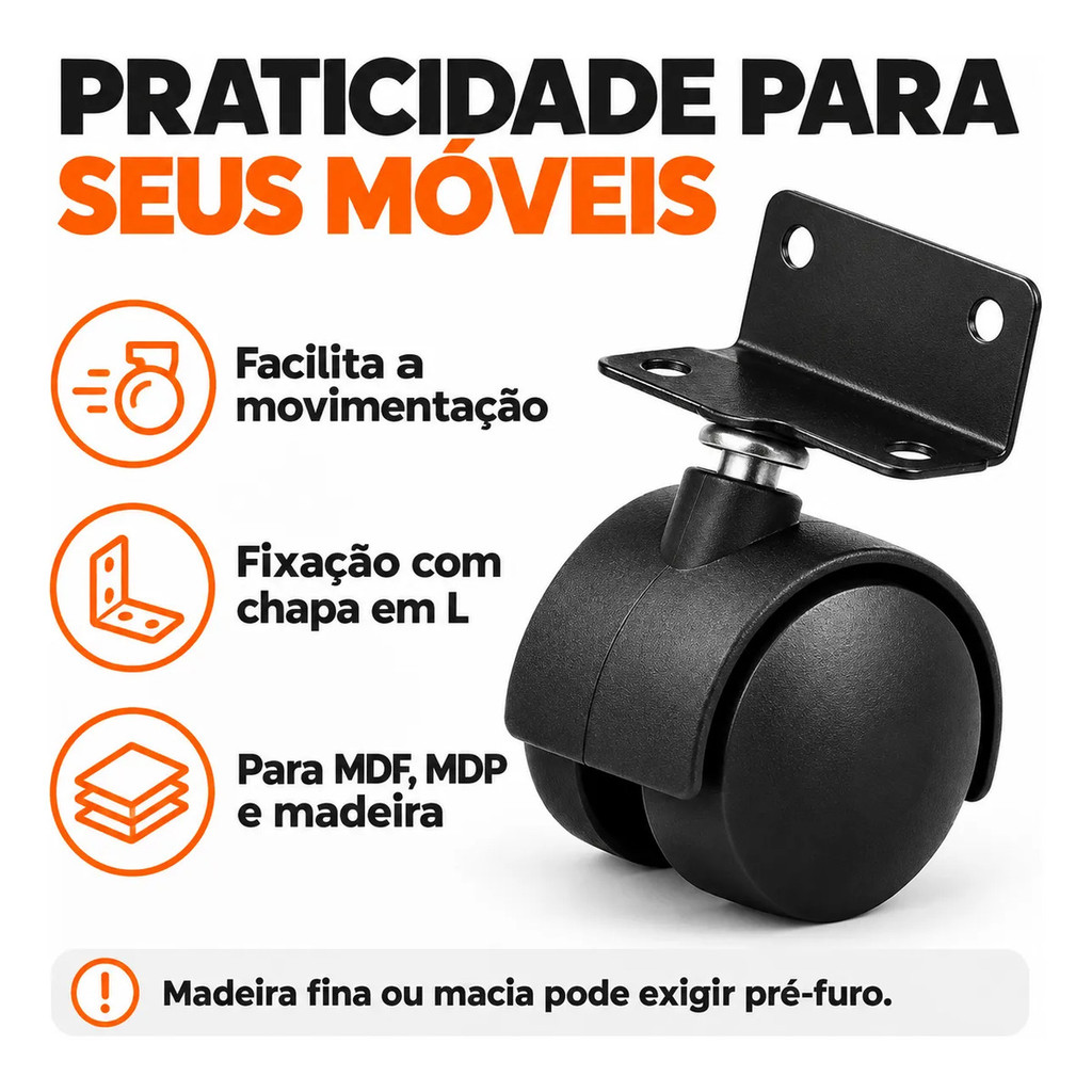 Kit 6 Rodinha 42mm Chapa Em L Universal Para Berço Móveis Preta Preto — imagem 2 de 2