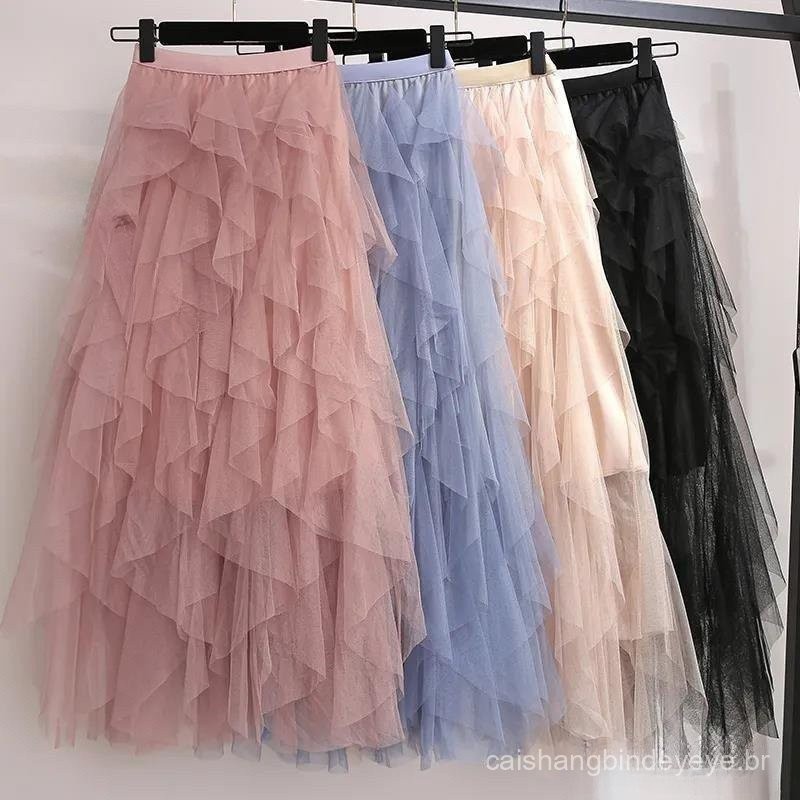 GLCHENG 2024 Saias Swing De Verão Na Primavera Malha De Tule Embaladas Longas Irregulares Maxi Mulheres D9QT 8O1N I8RL