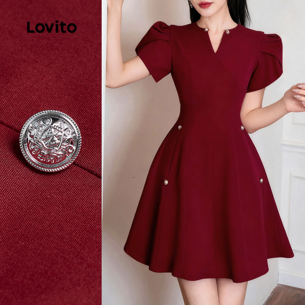 Lovito Vestido Elegante de Estrutura Simples com Botões Linha Primavera/verão Vestido Vermelho vinho L155ED766 em Oferta na Shopee