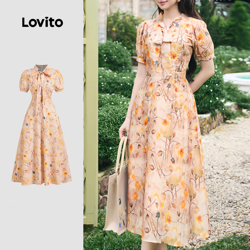 Lovito Vestido Elegante com Laço Na Frente Simples para Primavera/verão para mulheres L150ED019