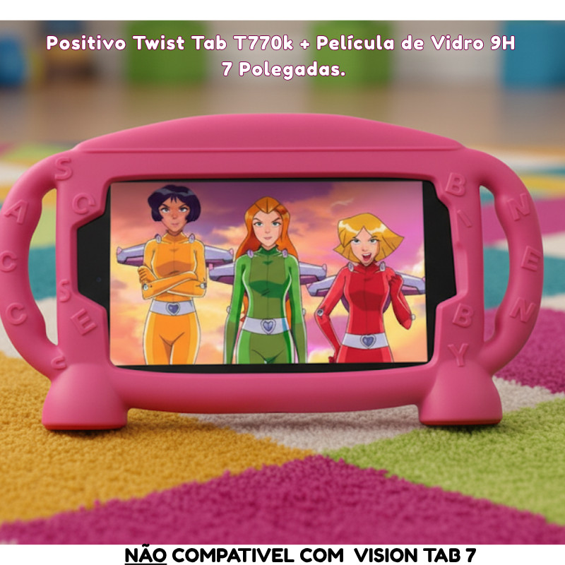 Capa Infantil com Alça Silicone Baby para Positivo Twist Tab T770k + Película de Vidro 9H 7'' Polegadas.