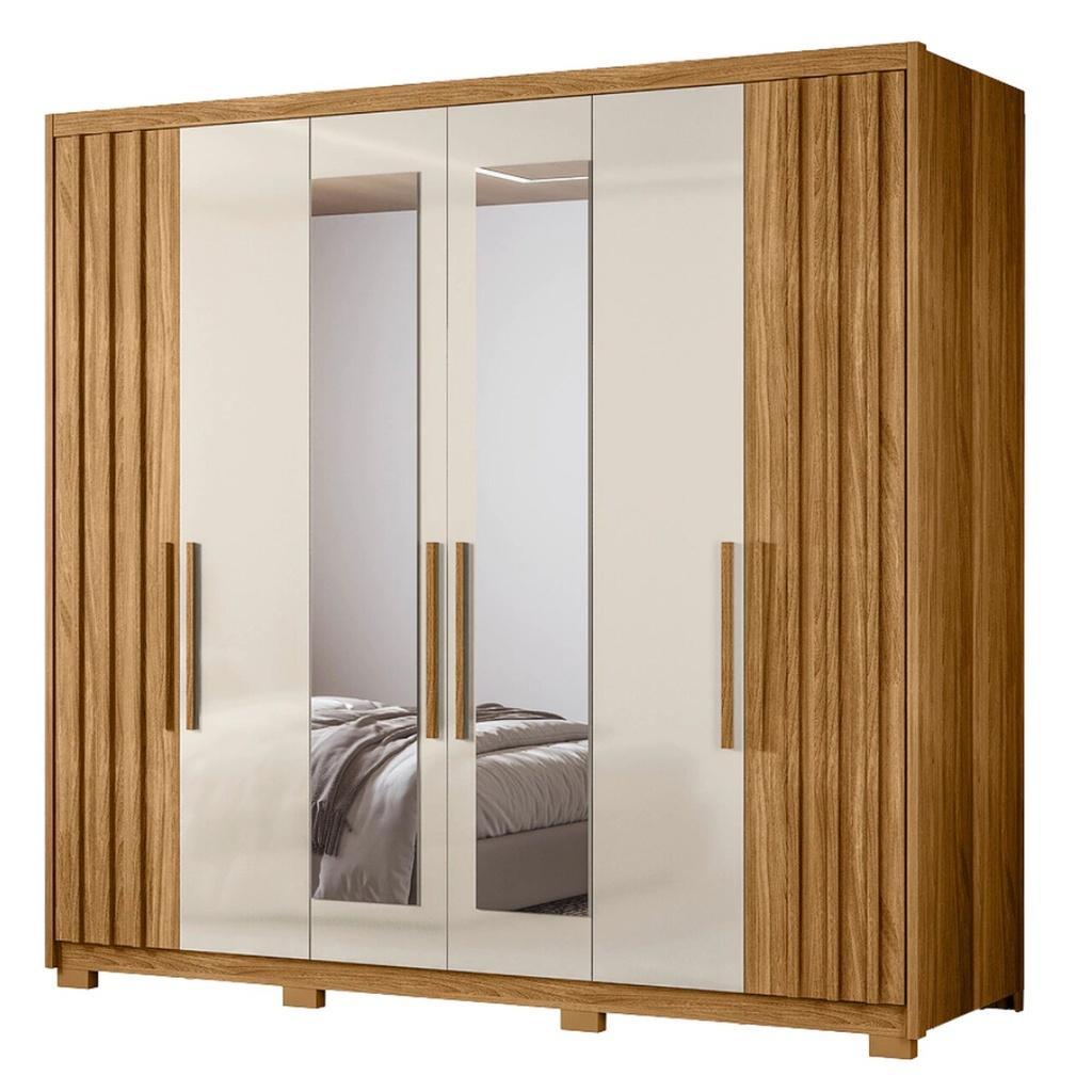 Guarda Roupas Casal Detalhe Ripado Com Espelho 6 Portas 4 Gavetas Roma Madeirado/Off White em Oferta na Shopee