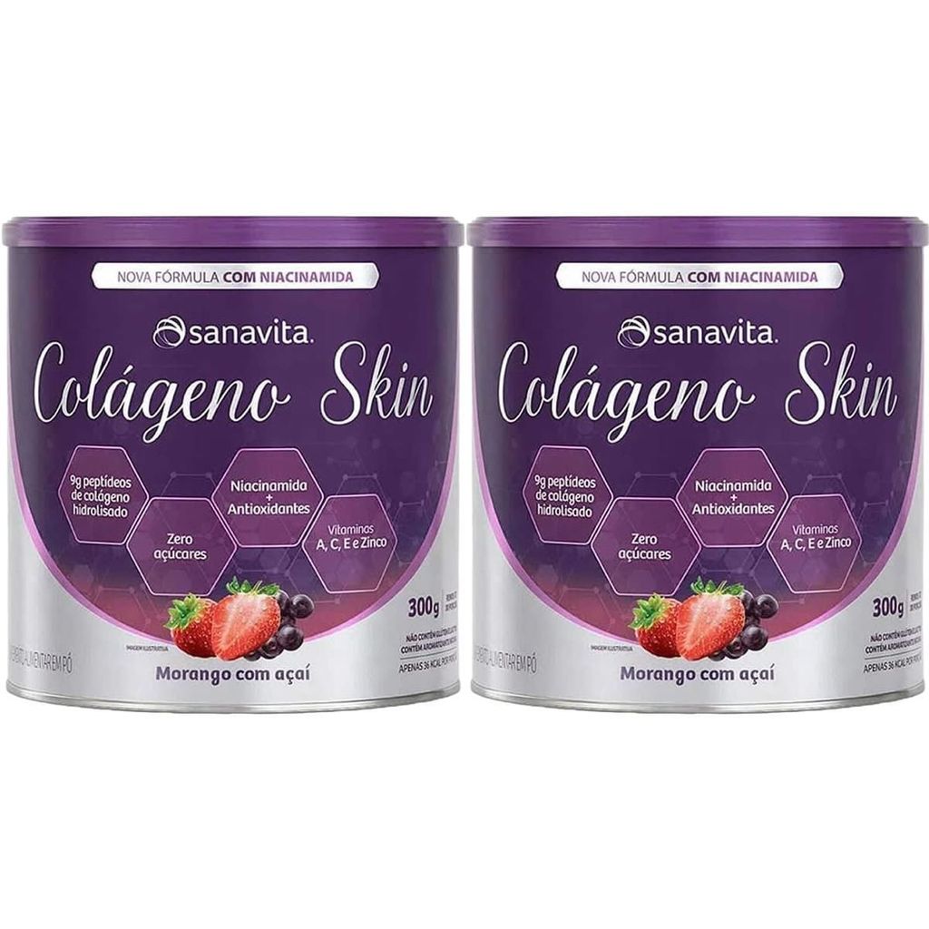 Kit 2X Colágeno Skin - 300g Morango Com Açaí - Sanavita em Oferta na Shopee