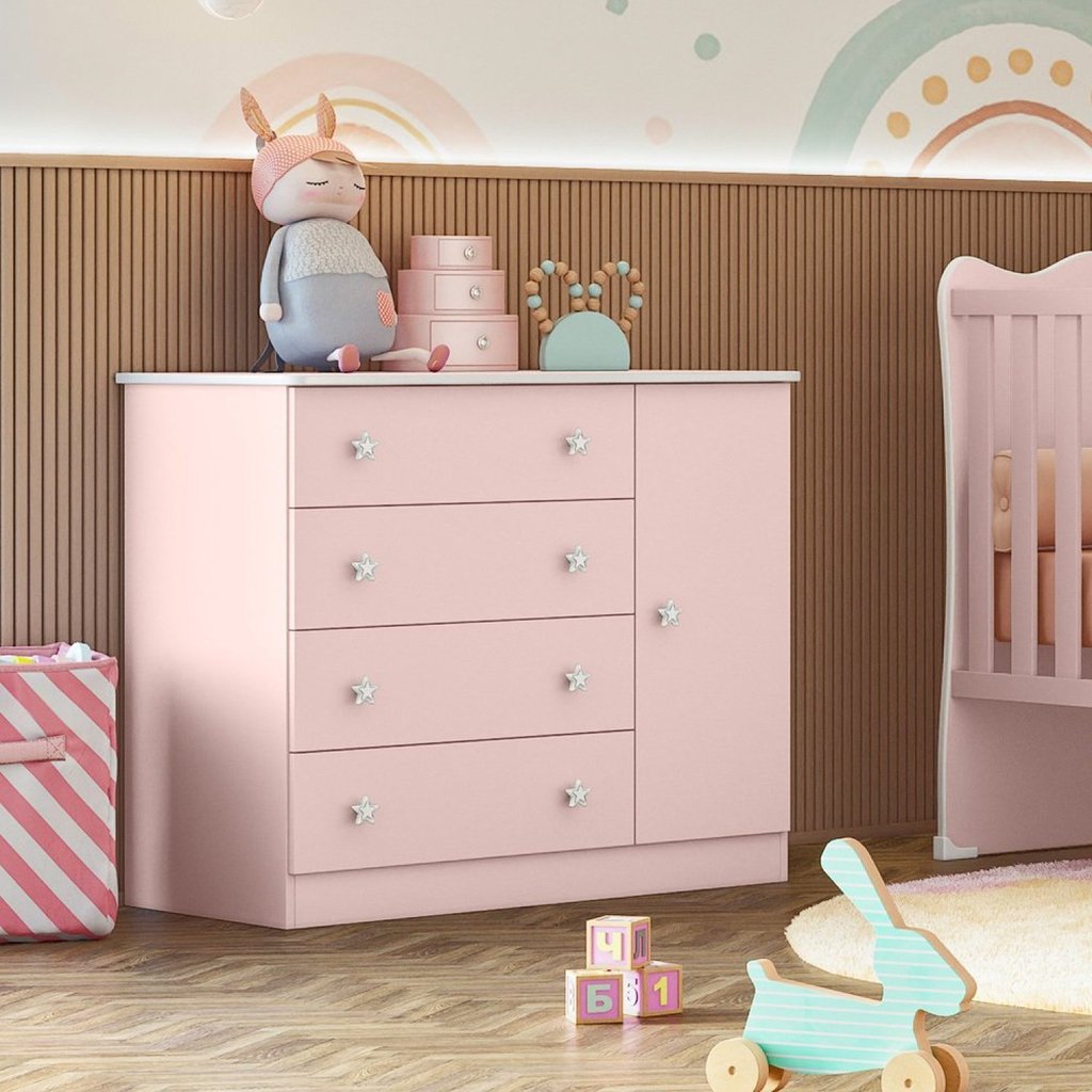 Cômoda Infantil 1 Porta 4 Gavetas Doce Sonho Rosa Acetinado em Oferta na Shopee