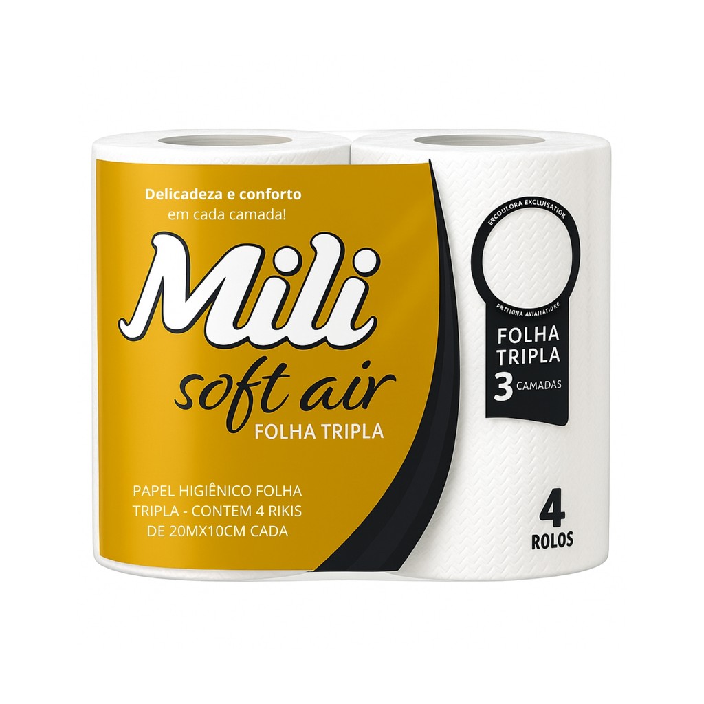 Papel Higienico Folha Tripla Soft Air Mili  Pacote c/ 4 rolos de 20mx10cm