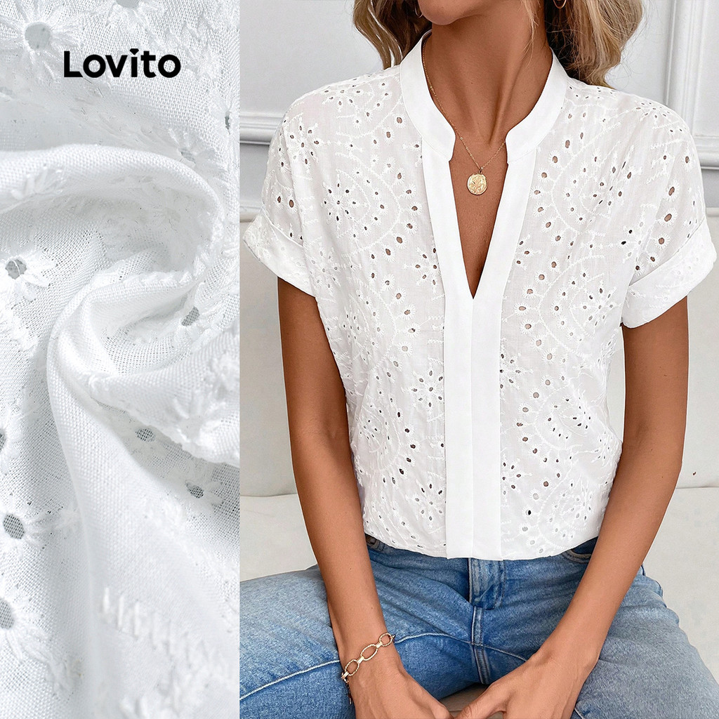 Lovito Blusa Casual com Recortes Primavera/verão Blusa Branca para Mulheres LBL29200 em Oferta na Shopee