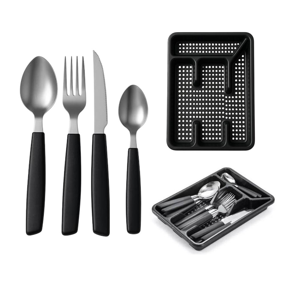 Faqueiro 24 Peças com Suporte Gaveteiro organizador de Talheres Baviera Preto MEK