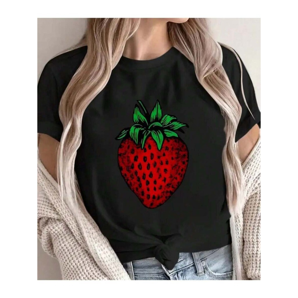 Camiseta Feminina t shirt morango Super Estilosa 100% Algodão em Oferta na Shopee