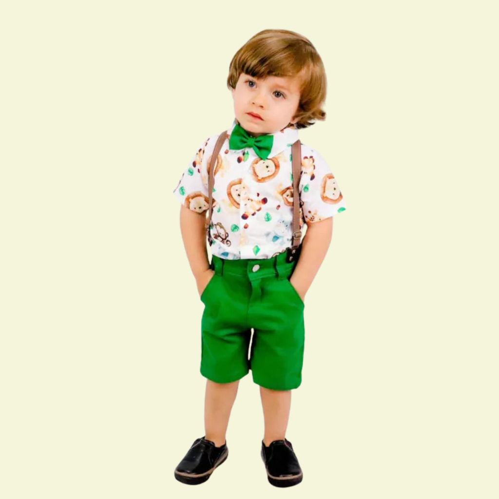 Conjunto Temático Safari Social Infantil Menino com Suspensório Gravata Camisa Estampada Look Festa e Aniversário