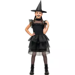 Fantasia Halloween Infantil Menina Gotica de Luxo Vestido Bruxa Chapeu e Meia Arrastão