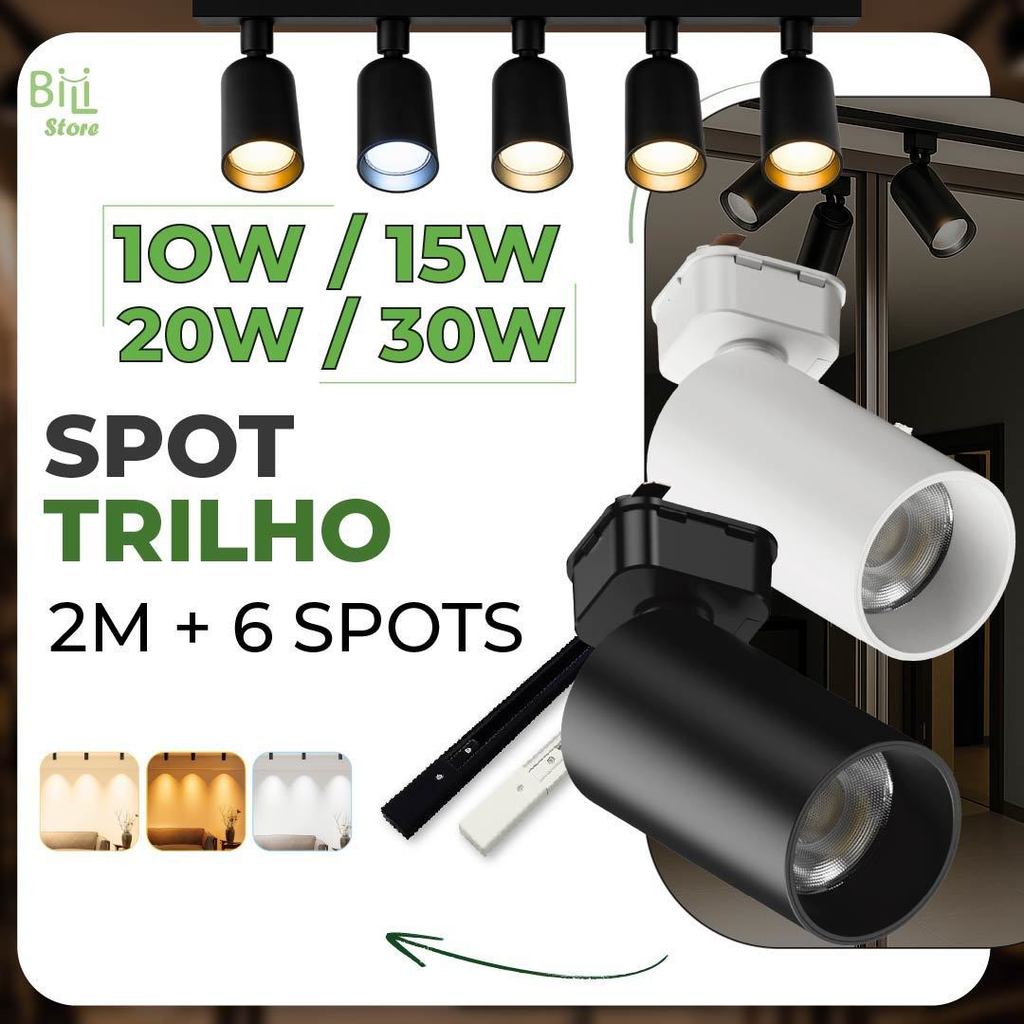 2M Trilho + 6 Spot LED 30W 20W 15W 10W Eletrificado + Trilho Tubinho Preto e Branco Bivolt