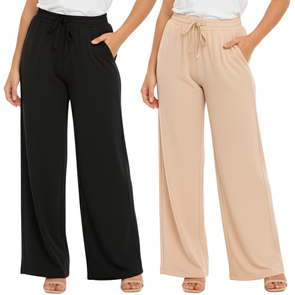 Kit 2 Calças Duna Feminina Pantalona Cintura Alta Ajustável Lisa Social Trabalho Modelagem Reta