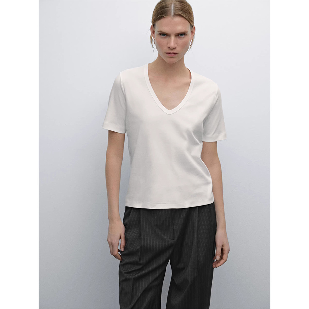 MD Novo estilo feminino estilo Casual estilo básico All-Match algodão adequado para a pele com decote em V camiseta de m